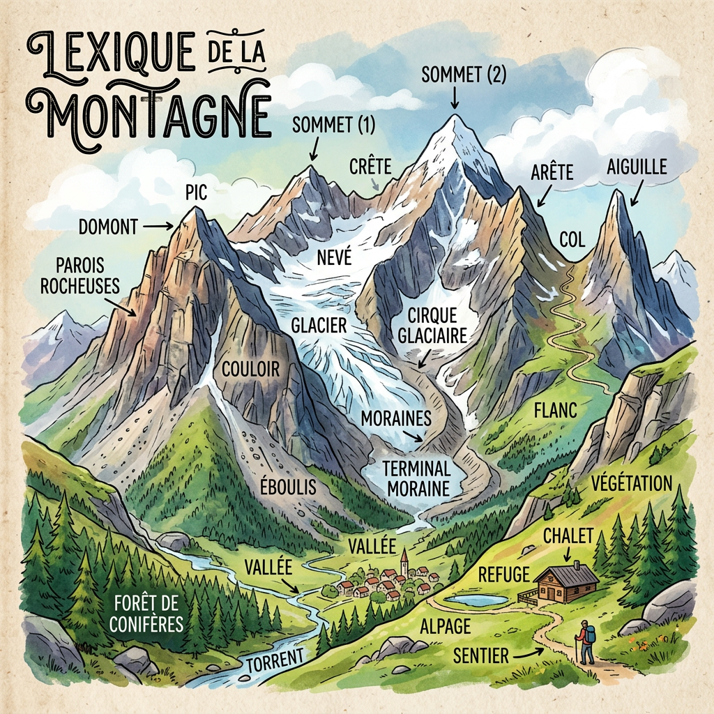 Mountain landscape labeled with French words for peaks, glaciers, valleys, vegetation, and paths