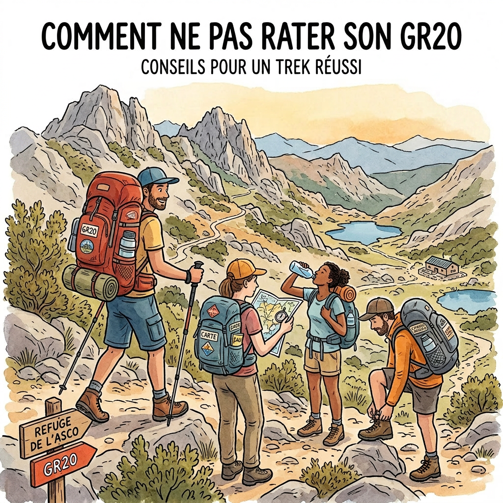Four hikers on a mountainous trail next to a sign for Refuge de l'Asco GR20 with tips for preparation, gear, itinerary, and effort management