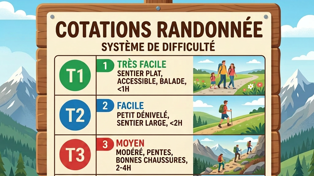 Hiking difficulty rating system from very easy to expert with descriptions and icons